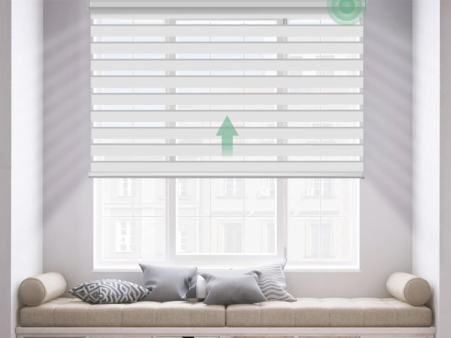 A rendering showing Yoolax blinds opening.