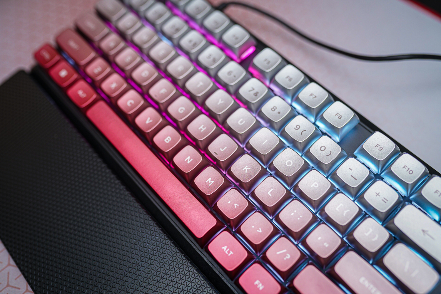 Corsair's Steel Crimson keycaps on a keyboard.