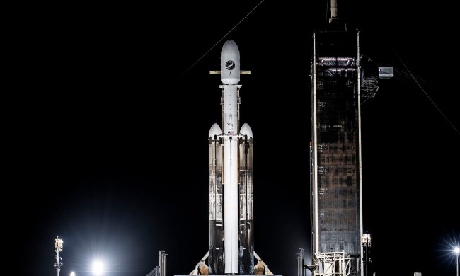 The Falcon Heavy rocket on the launchpad at the Kennedy Space Center in Florida.