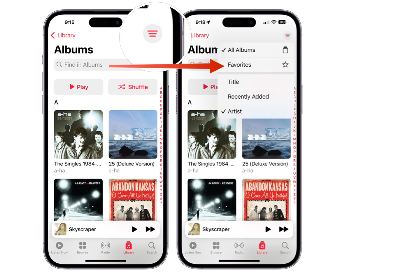 Screenshots showing how to find favorites in the Apple Music app.