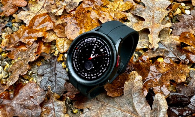 The Samsung Galaxy Watch 5 Pro against some leaves.