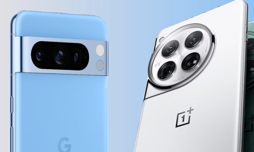 Renders of the Google Pixel 8 Pro and the OnePlus 12 next to each other.