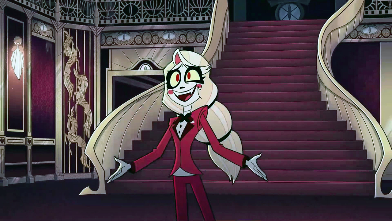 Charlie, princesse de l'enfer avec les bras tendus dans une image animée de l'hôtel Hazbin.