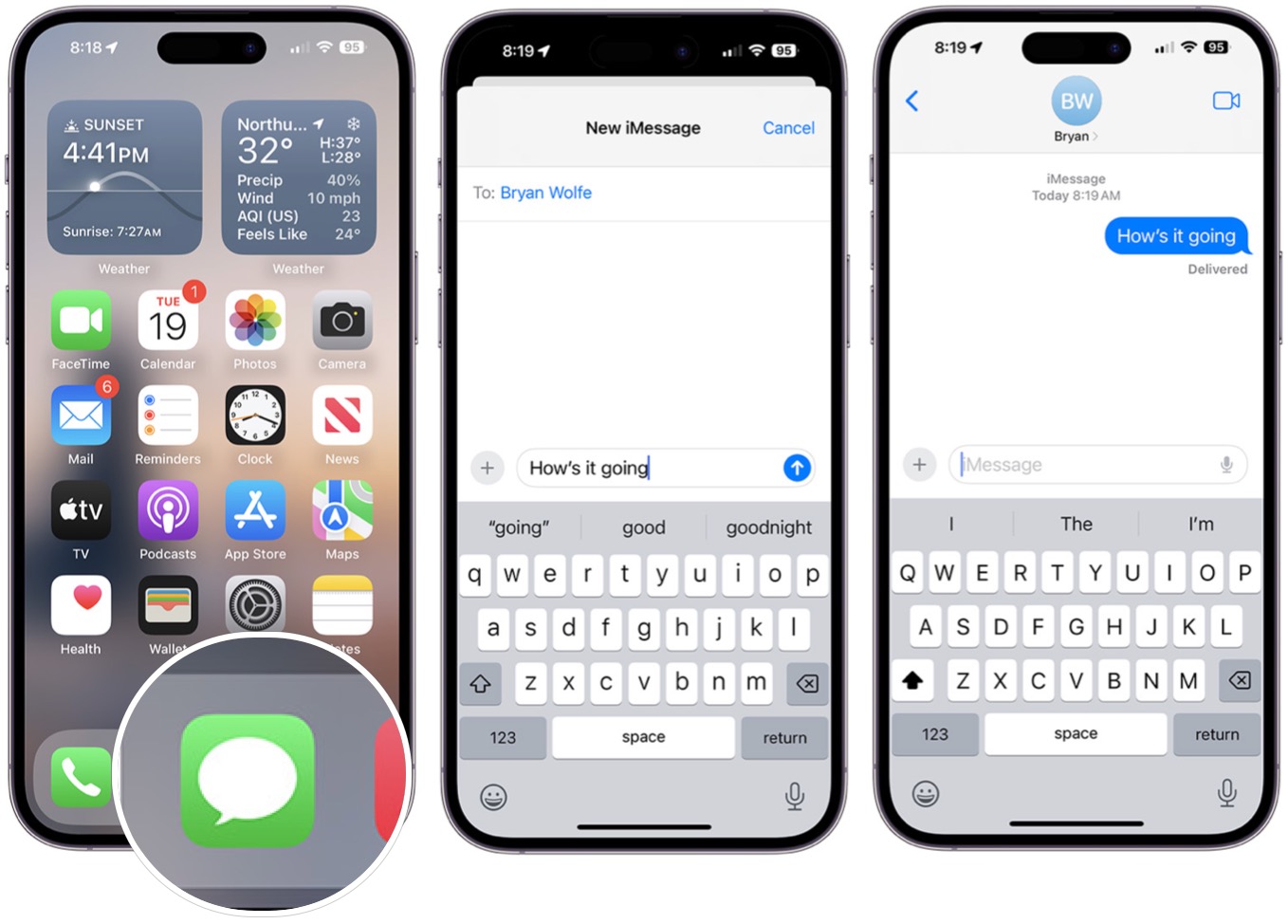 Screenshots showing how to send a message in iMessage   on iPhone.