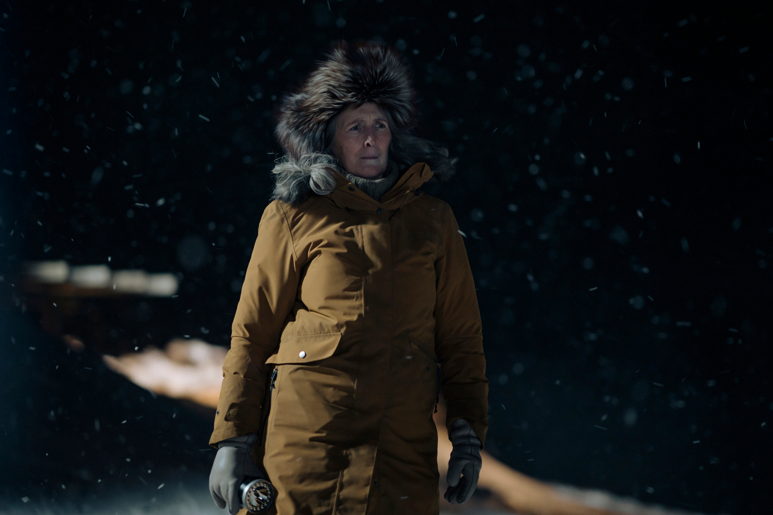 Fiona Shaw stands in the snow in True Detective: Night Country.