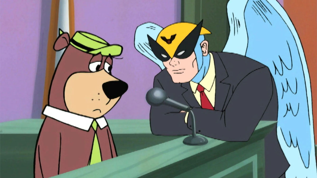 Harvey Birdman befragt Yogi Bear in einer Szene aus Harvey Birdman: Attorney At Law.