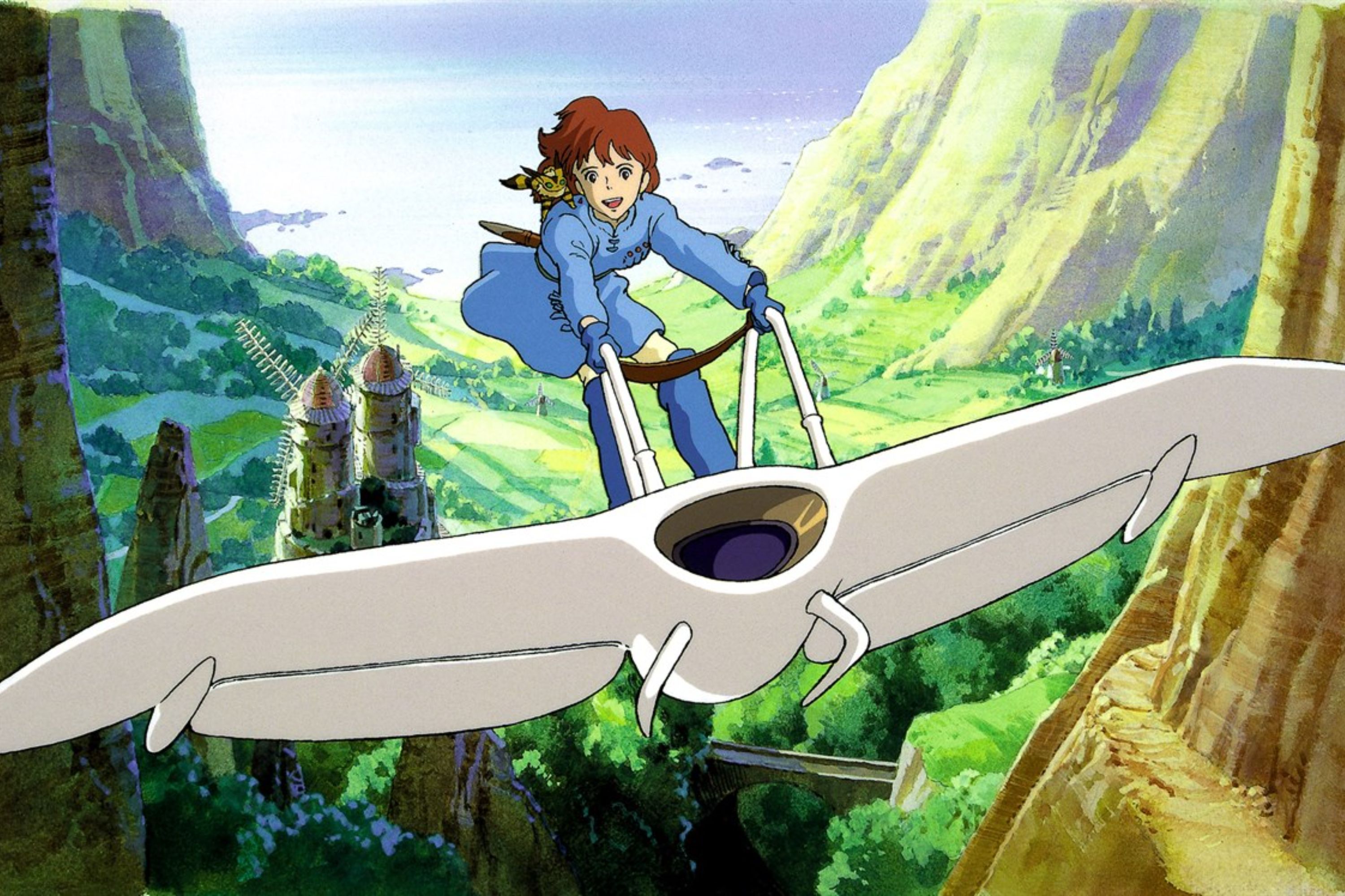 Nausicaä riding a machine through the sky in Nausicaä of the Valley of the Wind.