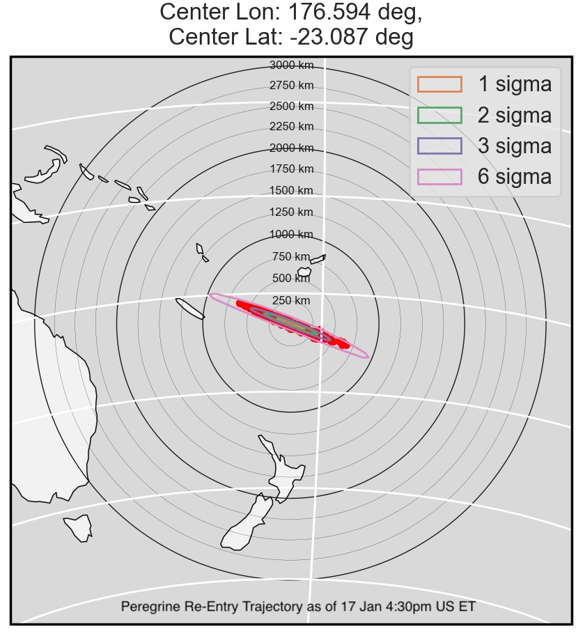 A map showing the approximate location of Peregrine's reentry.