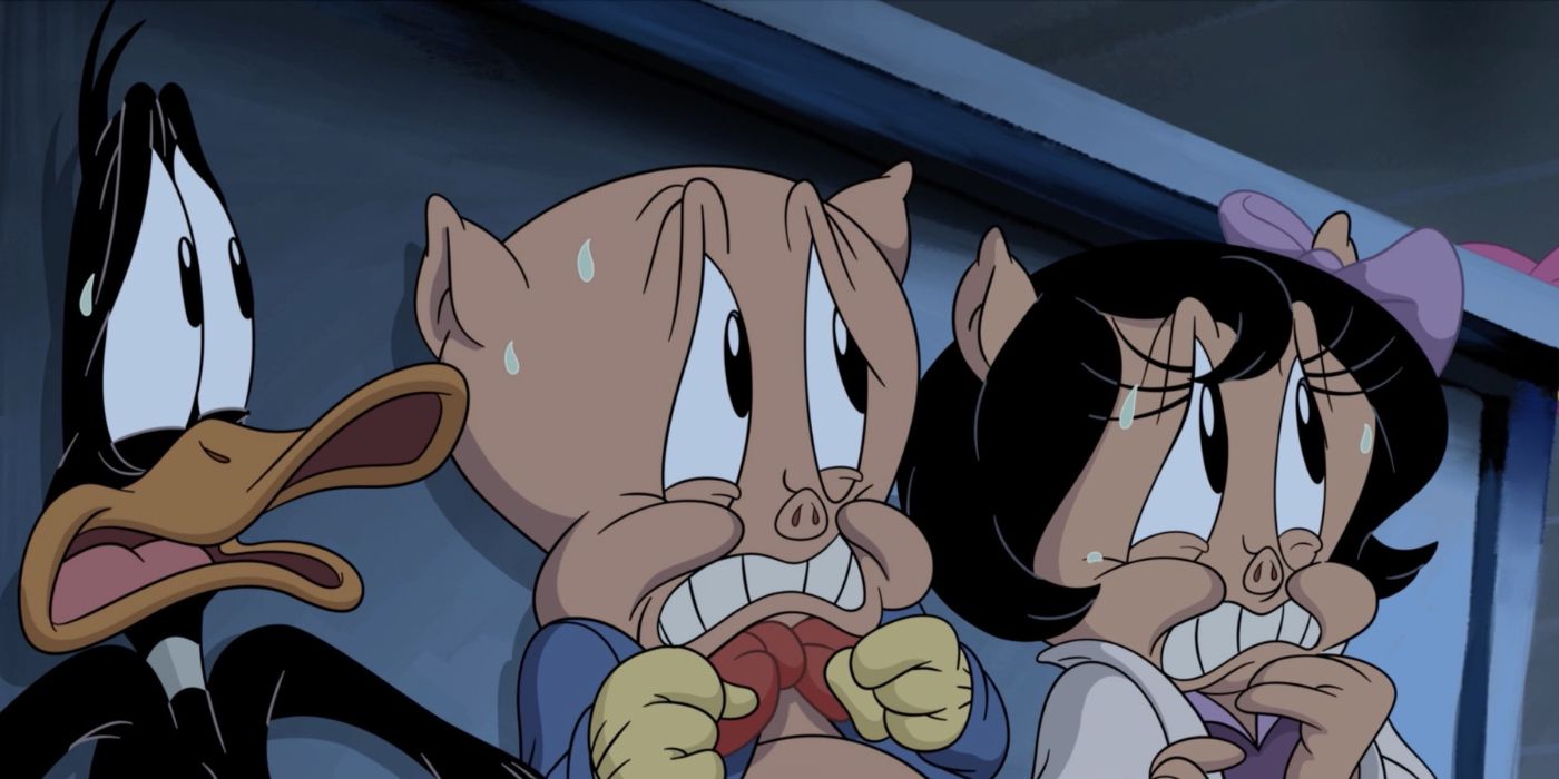 Porky Pig e Daffy Duck parecem assustados em O Dia em que a Terra Explodiu