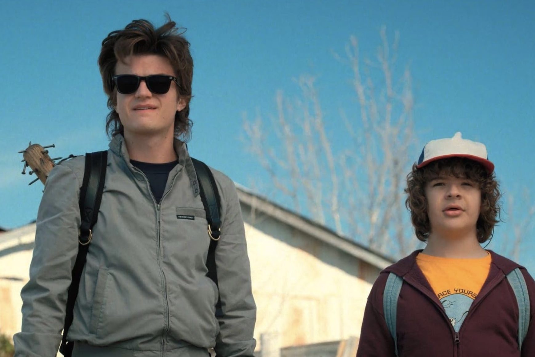 Steve et Dustin se tiennent côte à côte et se regardent dans Stranger Things.