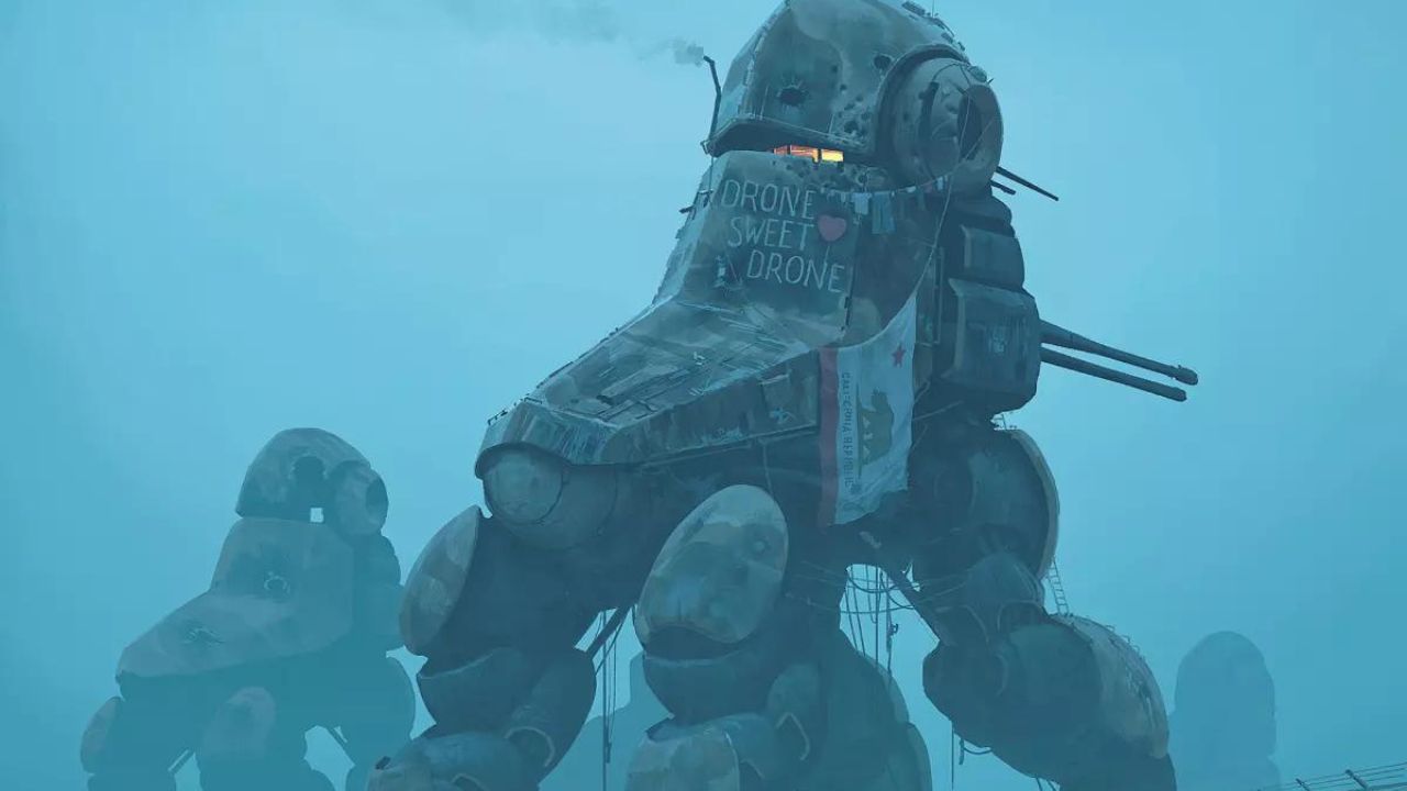 Robots gigantes contra un cielo nublado en The Electric State de Simon Stålenhag.