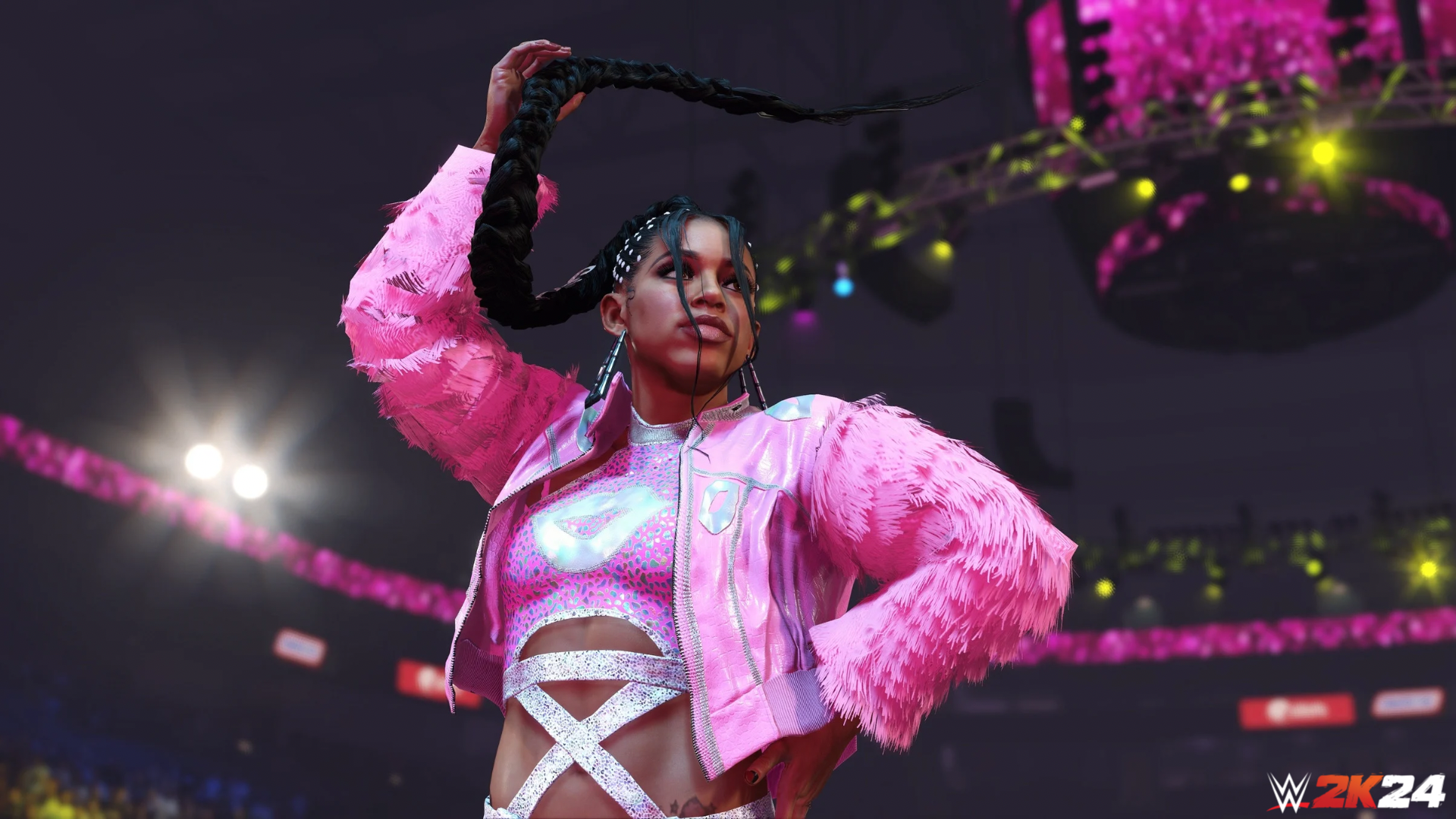 Bianca Belair fait tourner sa tresse de cheveux dans WWE 2K24.