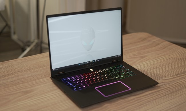 The Alienware m16 R2 open on a table.