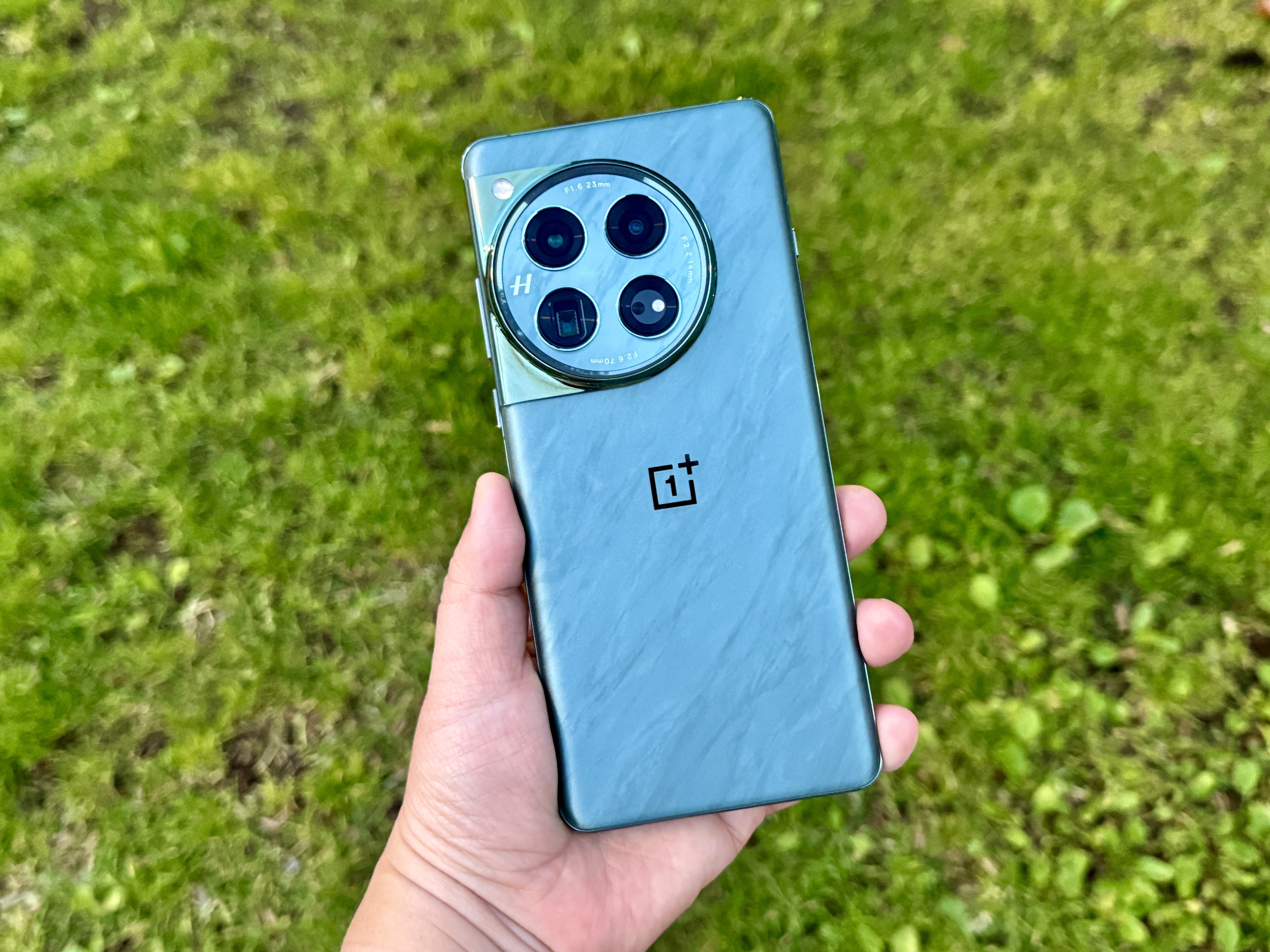 OnePlus 12 Flowy Emerald held in hand against grass background.