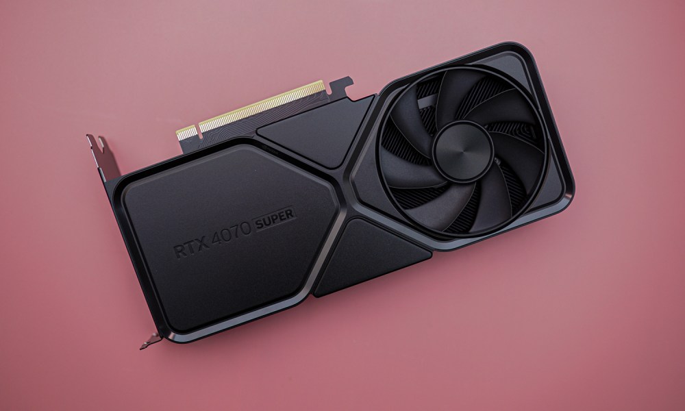 The RTX 4070 Super on a pink background.