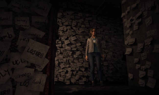 Anita stands in a hallway full of post-it notes in Silent Hill: The Lost Message.