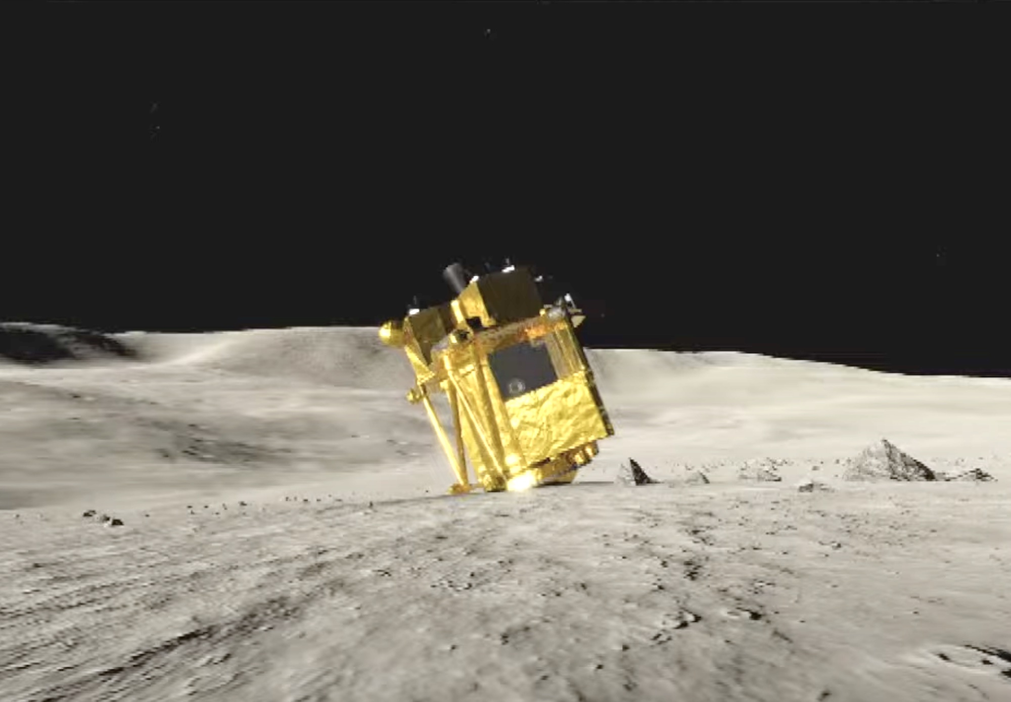 Una imagen generada por computadora que muestra el módulo de aterrizaje SLIM de Japón en la superficie lunar.