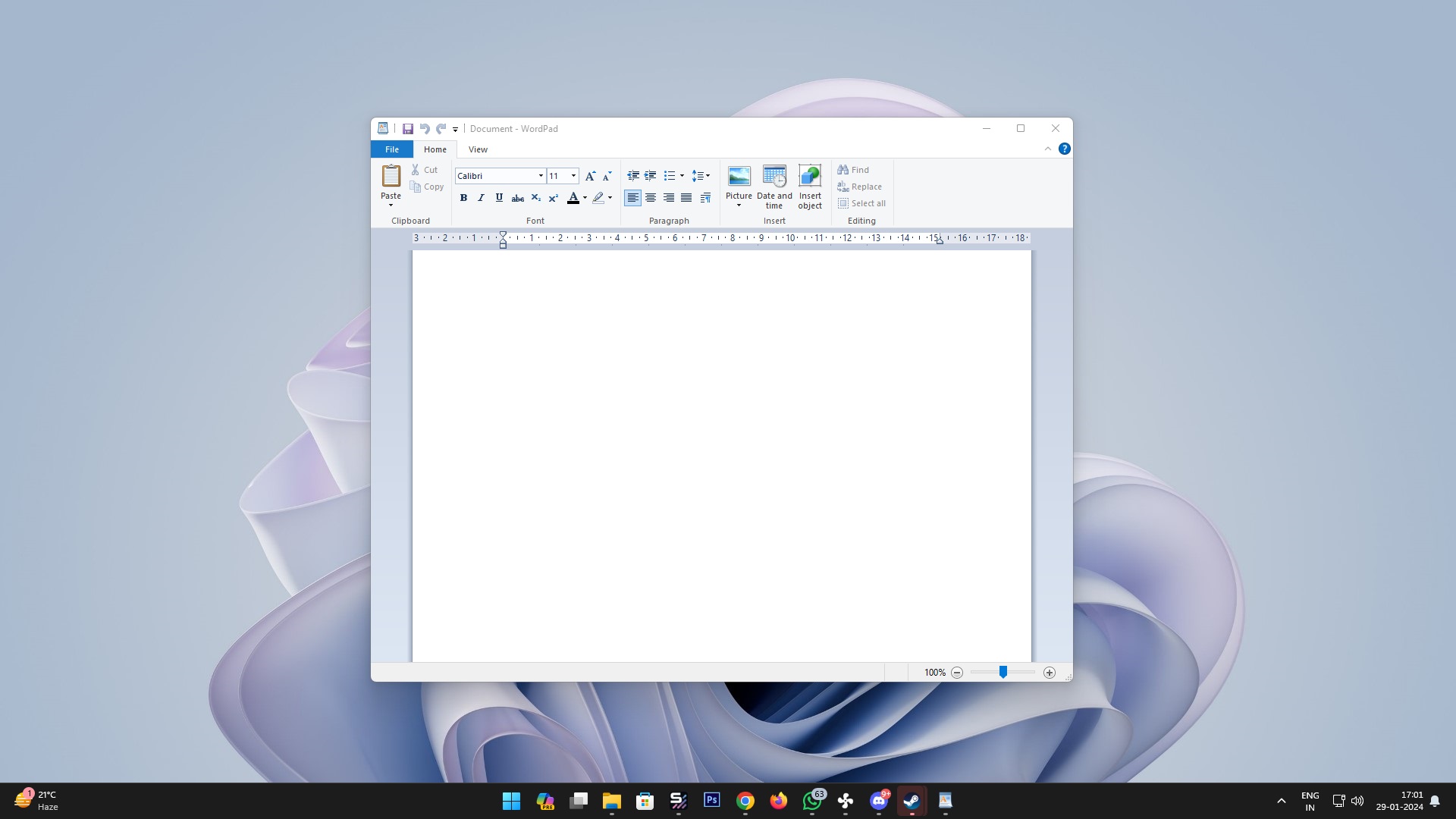 Une capture d'écran de Microsoft WordPad fonctionnant sous Windows 11.