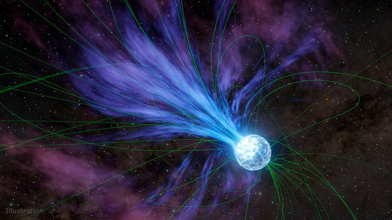 In an ejection that would have caused its rotation to slow, a magnetar is depicted losing material into space in this artist’s concept. The magnetar’s strong, twisted magnetic field lines (shown in green) can influence the flow of electrically charged material from the object, which is a type of neutron star.