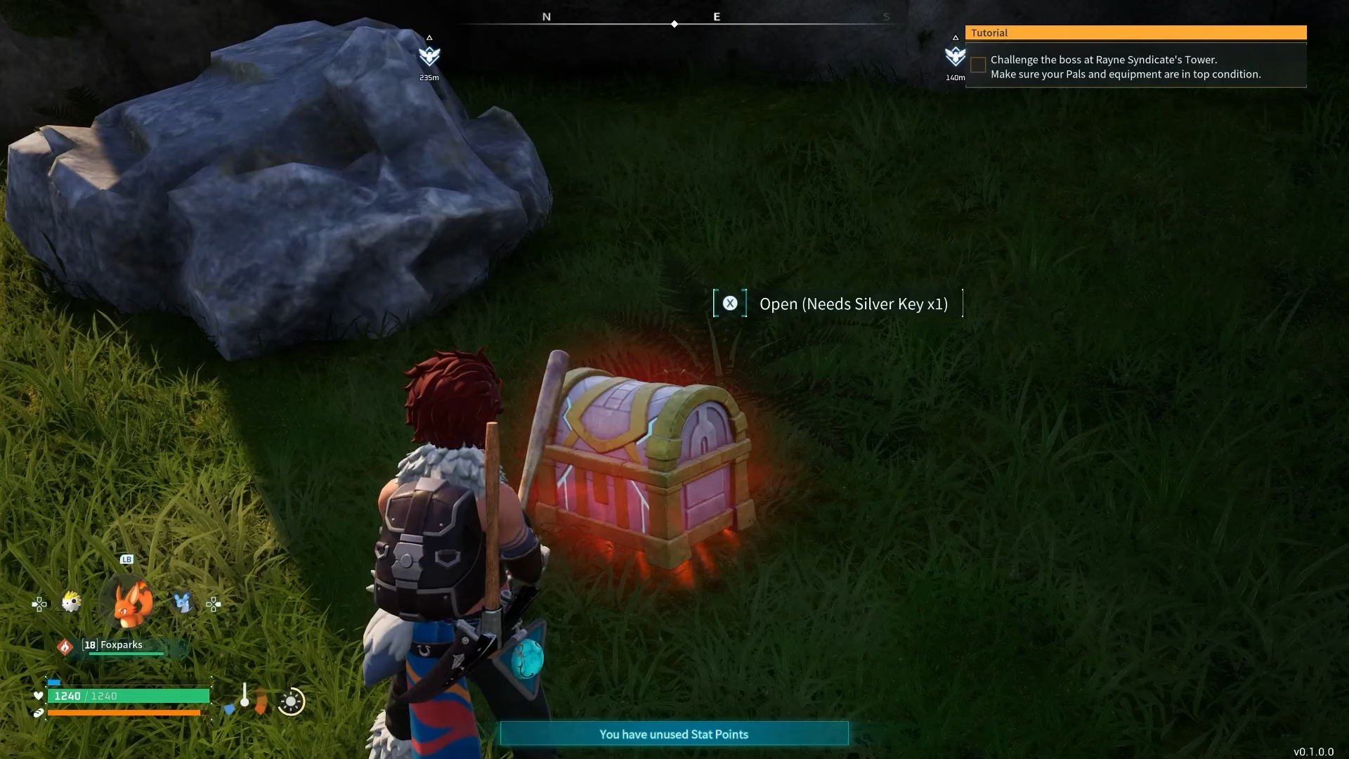 A player standing by a locked chest in Palworld.