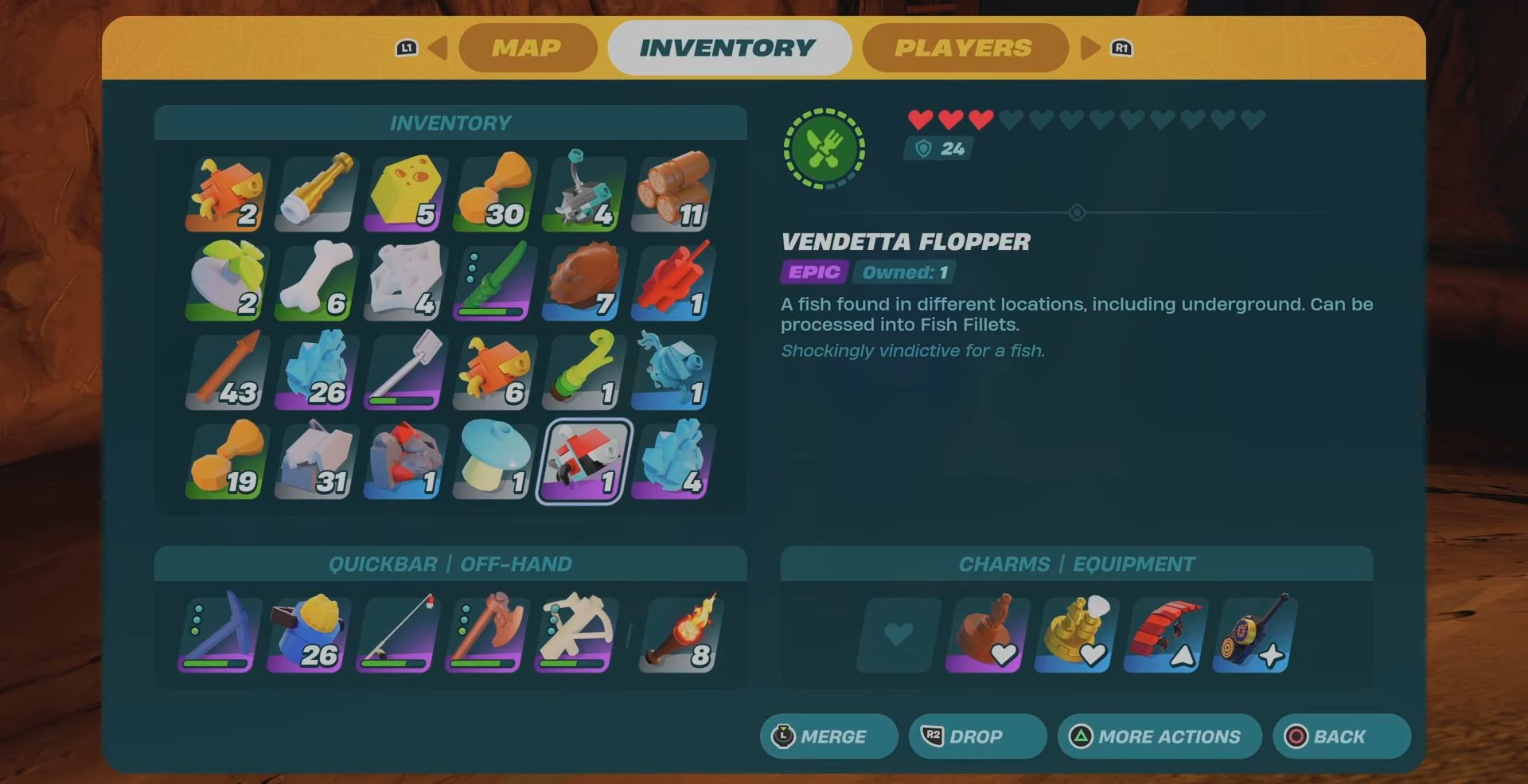 Una pantalla de inventario con un flopper de vendetta en lego fortnite