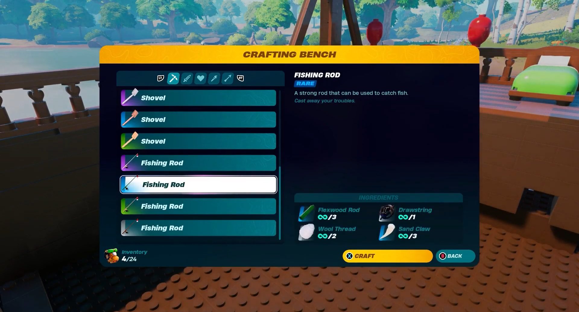 A crafting screen with a fishing rod in lego fortnite.