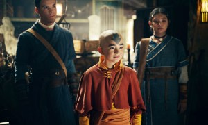 Aang stands with Sokka and Katara in Avatar: The Last Airbender.