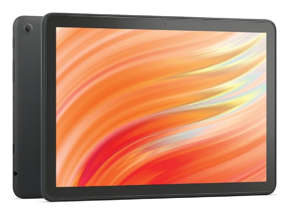 The 2023 model of the Amazon Fire HD 10 tablet on a white background.