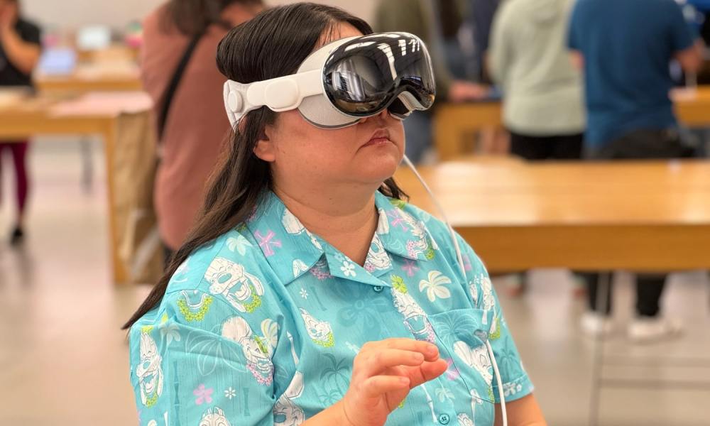 A person wearing the Apple Vision Pro demo unit in an Apple Store.