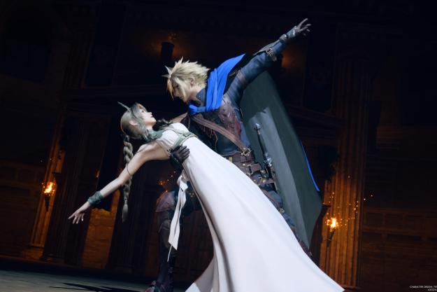 Cloud and Aerith dancing in a play in Final Fantasy 7: Rebirth.