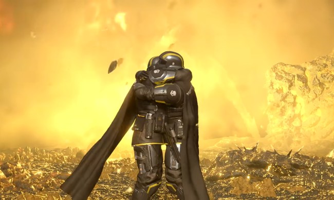 Two soldiers hug in front of an explosion in Helldivers 2.