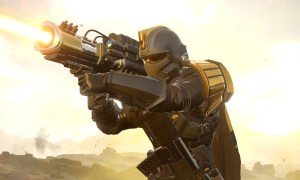 A Helldivers 2 player fires a laser canon.