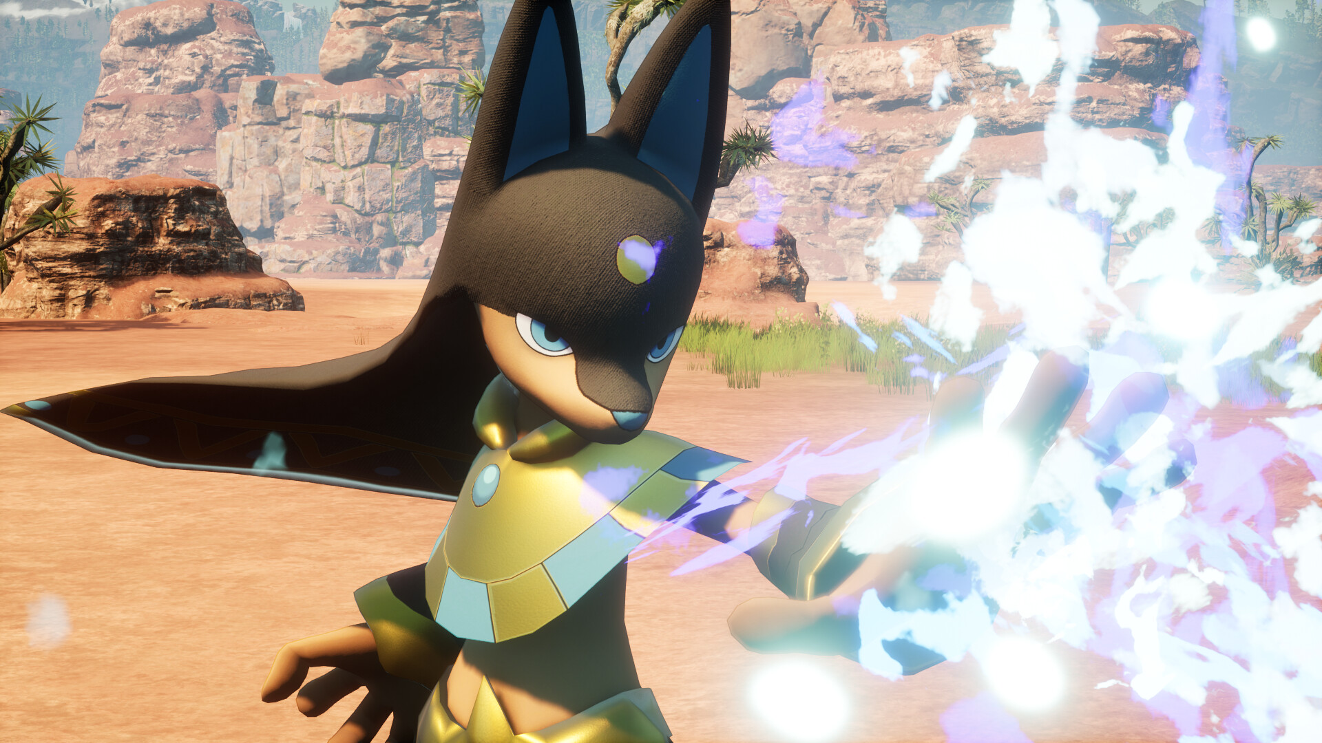 Anubis, with black fur, an Egyptian-styled neck piece, and a jackal head, shooting magic in Palworld.