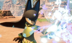 Anubis, with black fur, an Egyptian-styled neck piece, and a jackal head, shooting magic in Palworld.