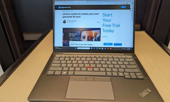 The Lenovo ThinkPad T14s Gen 5 opened up on a table.