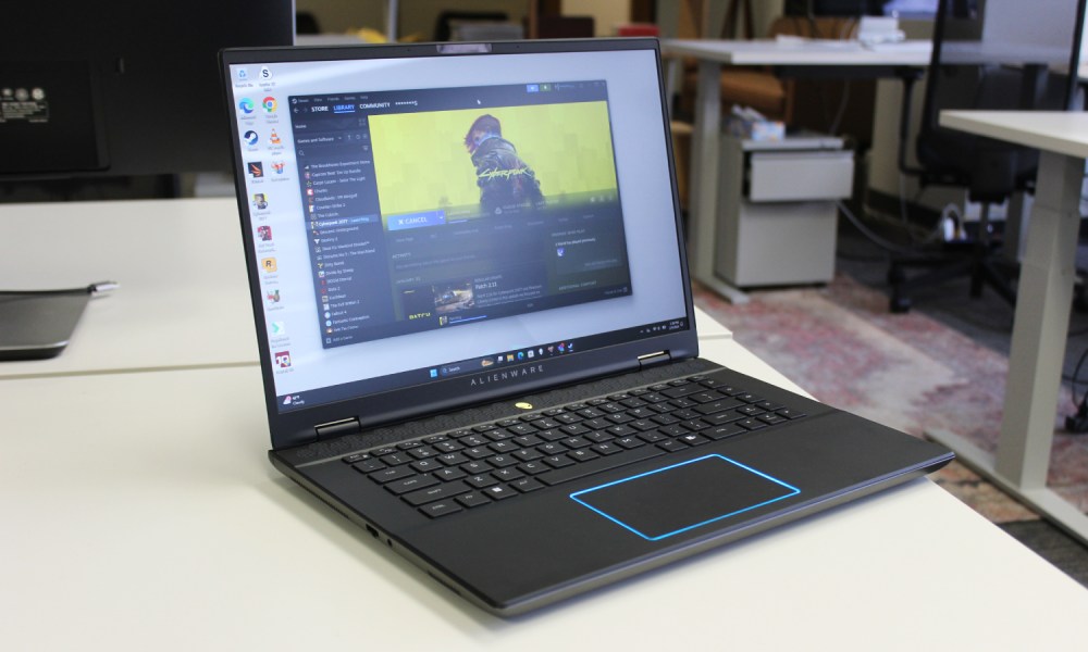 The Alienware m16 R2 on a white desk.