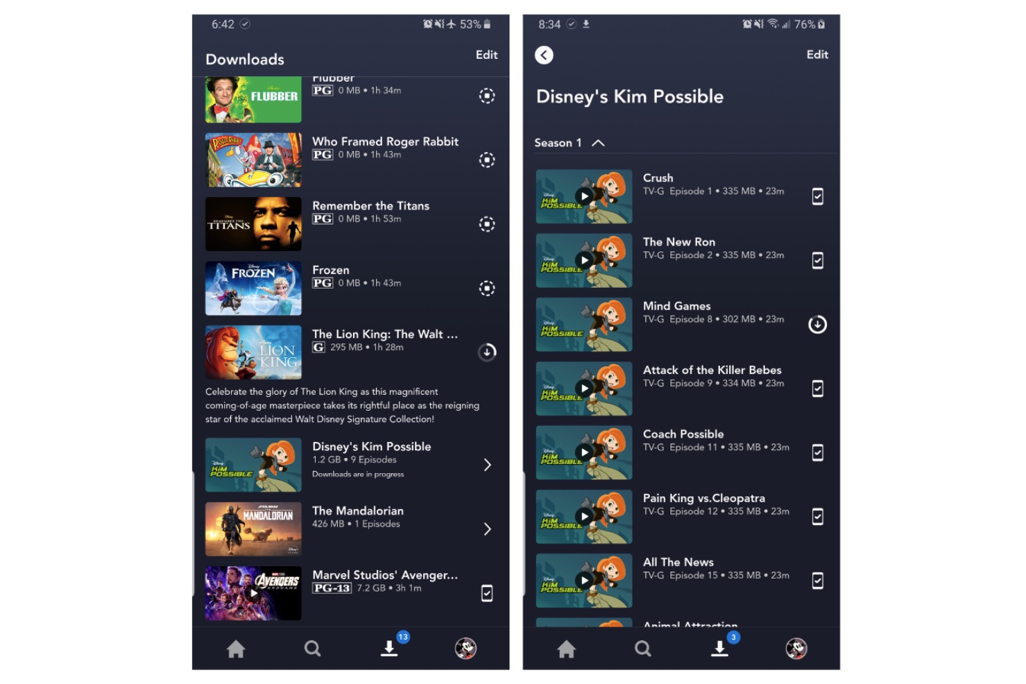 How to download from Disney+. The screens for selecting your downloaded content.