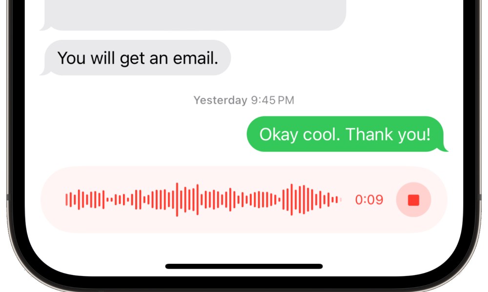 A screenshot of a voice message being recorded on an iPhone.