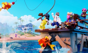 Characters fishing in LEGO Fortnite.