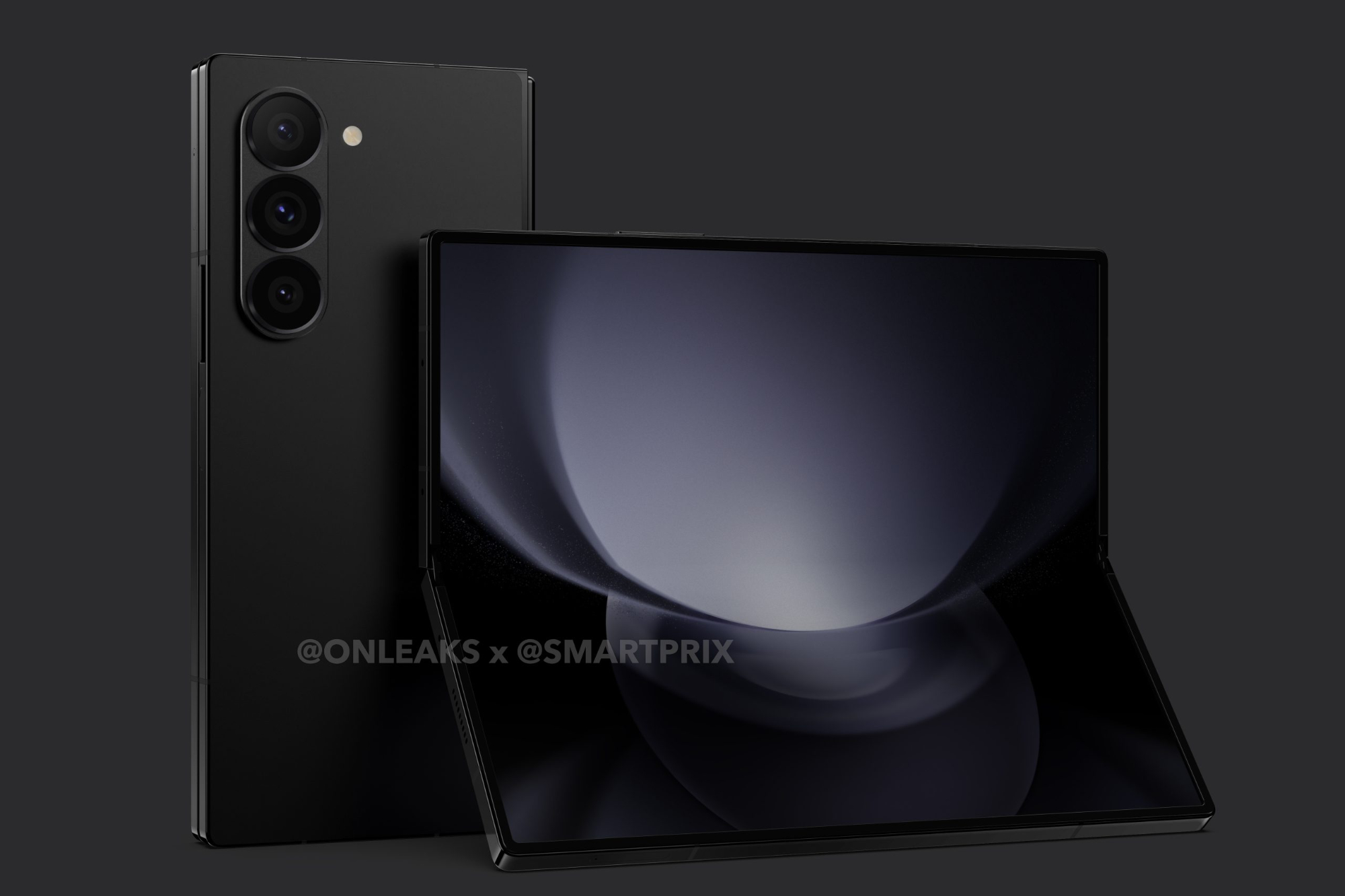 Renders del Samsung Galaxy Z Fold 6, que muestran la parte delantera y trasera del teléfono.