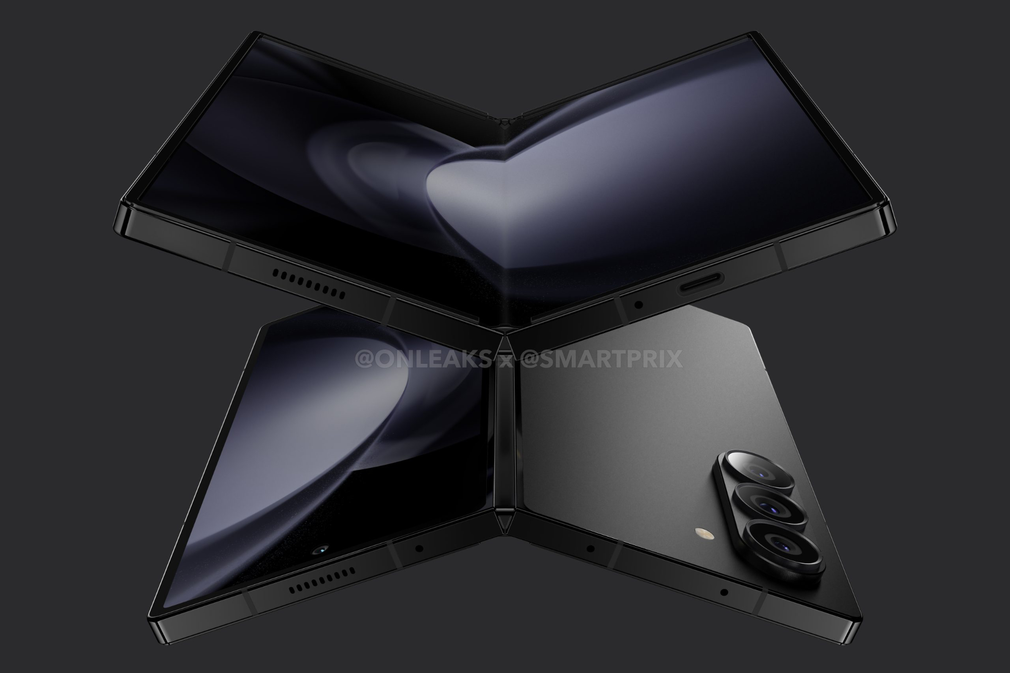 Renderizações do Samsung Galaxy Z Fold 6, mostrando a frente e a traseira do telefone.