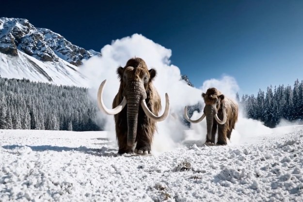 An AI image portraying two mammoths that walk through snow, with mountains and a forest in the background.