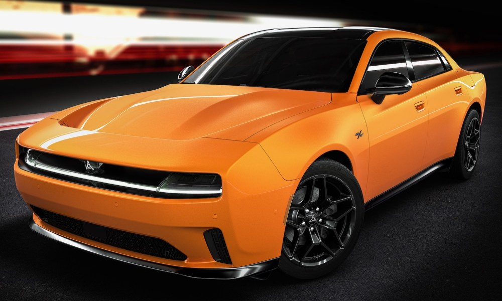 Front three quarter view of the 2024 Dodge Charger Daytona sedan.