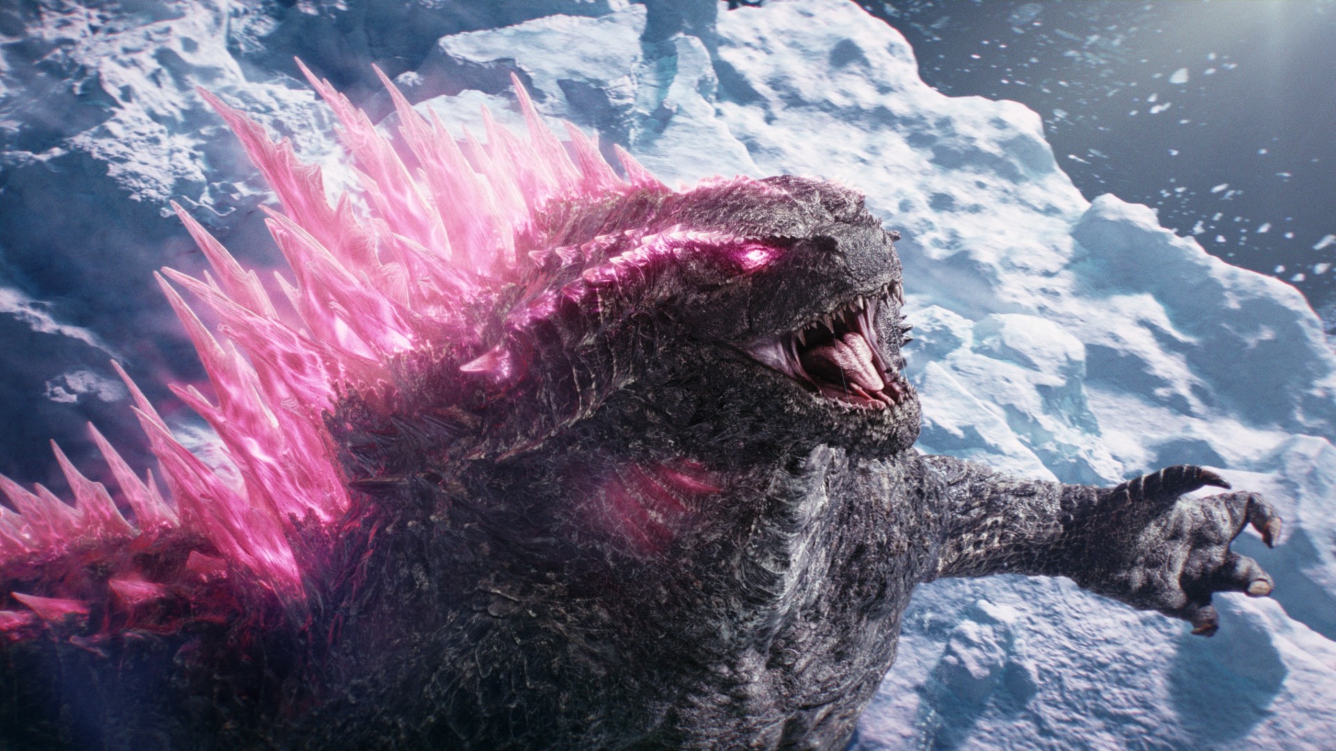 Godzilla glows pink and screams in a still from Godzilla x Kong: The New Empire