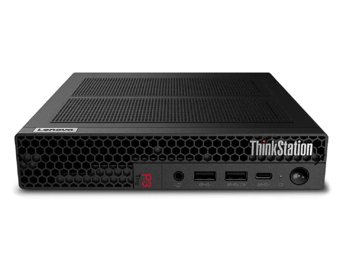 联想 ThinkStation P3 Tiny 工作站，侧面平放。