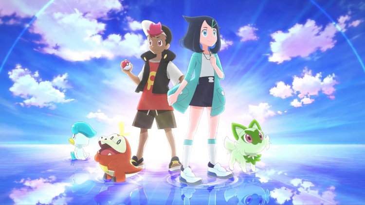 Arte clave para el anime Pokémon Horizons que presenta a los dos protagonistas y los tres Pokémon iniciales.