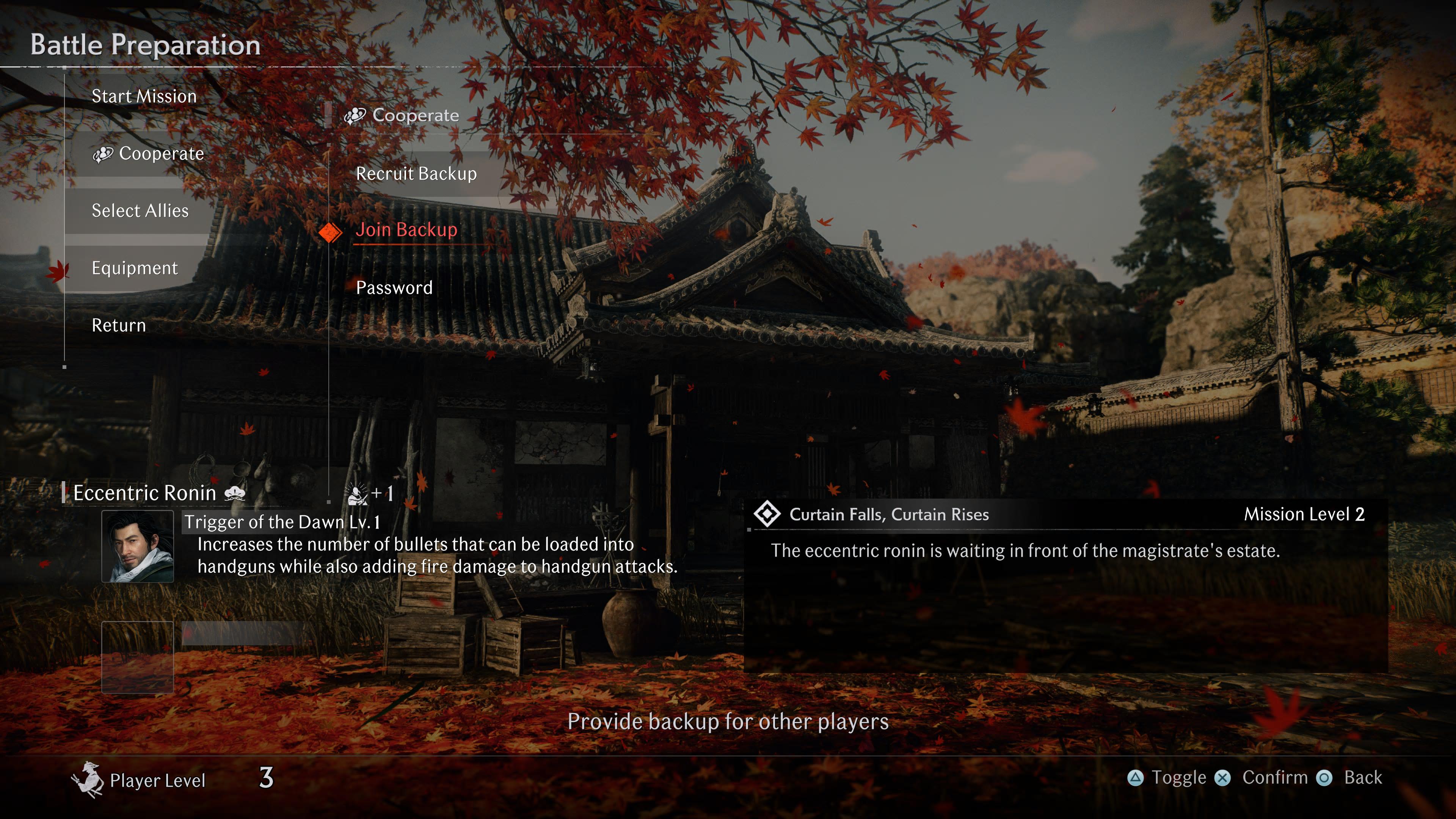 O menu cooperativo em Rise of the ronin.