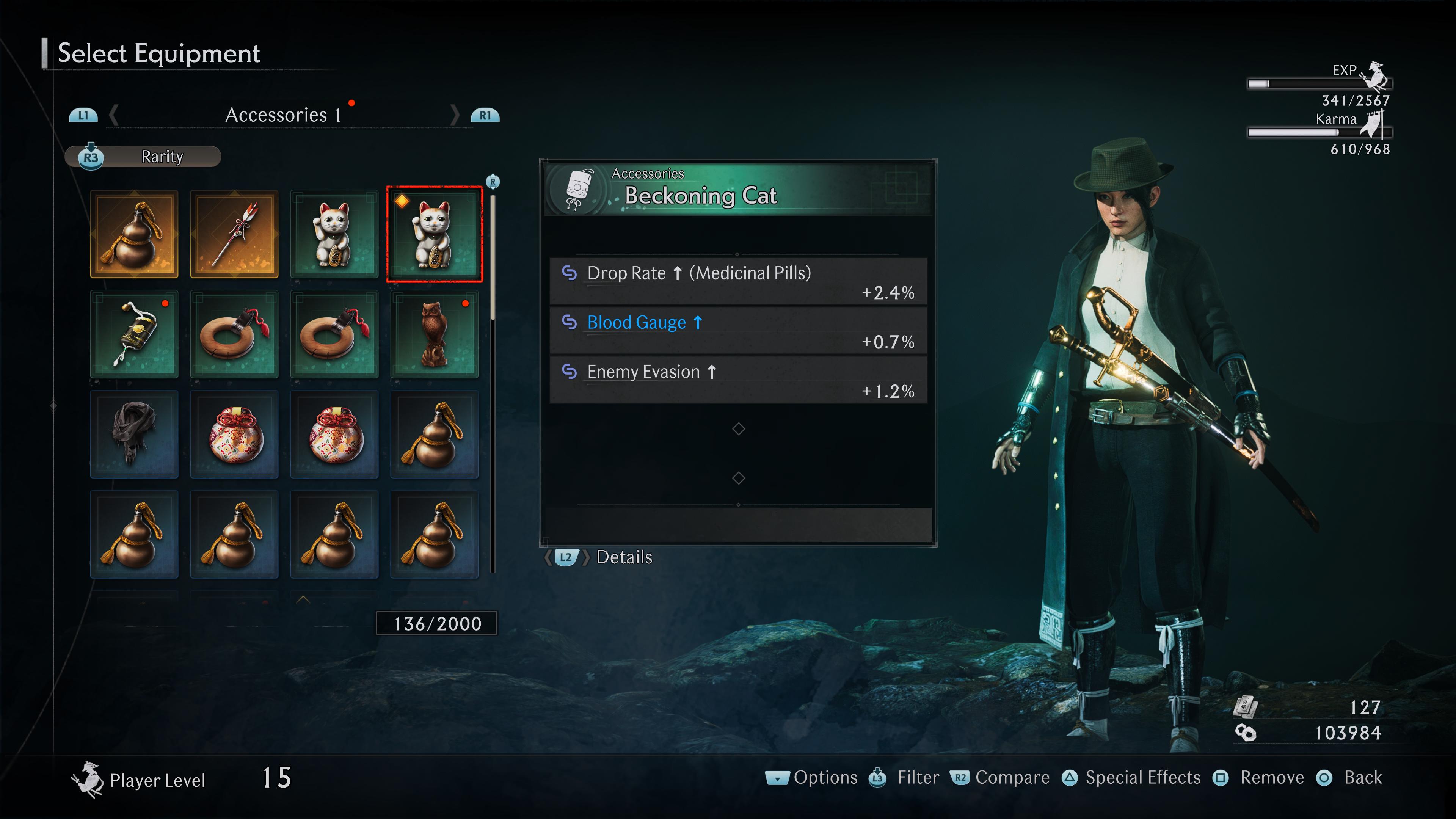 Un menu d'accessoires dans Rise of the Ronin.