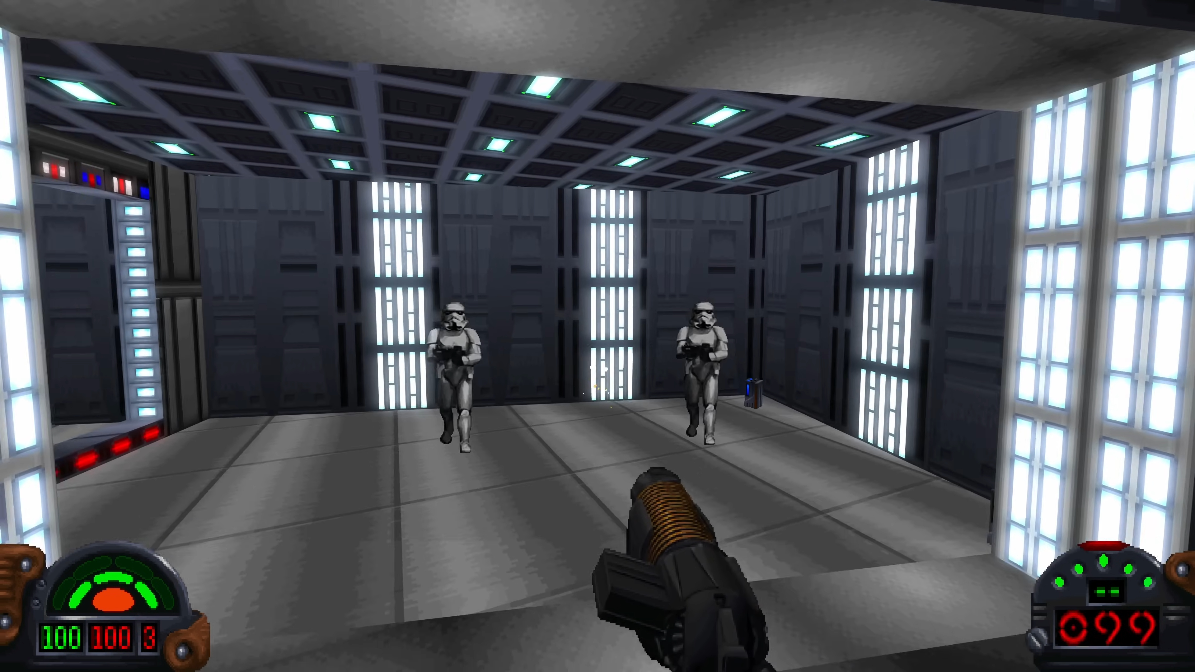 Contenu du niveau salon dans Star Wars : Dark Forces Remaster.