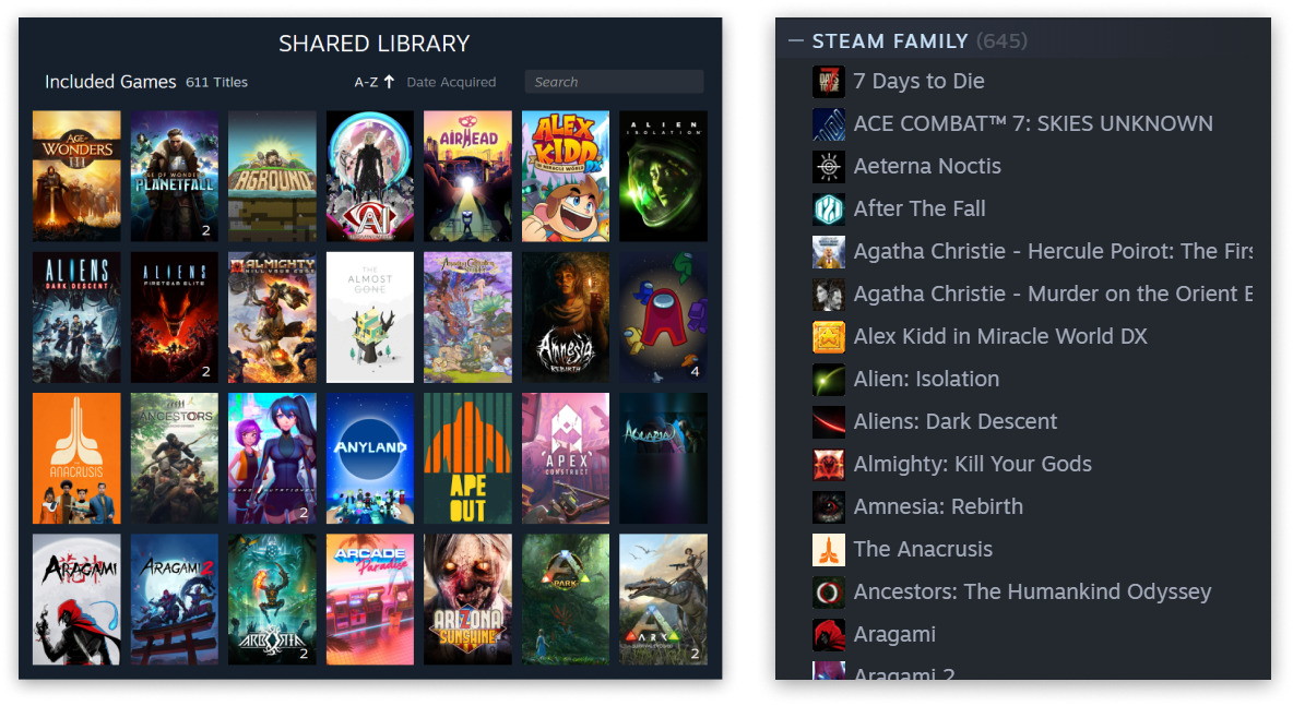 A steam family library in Steam.